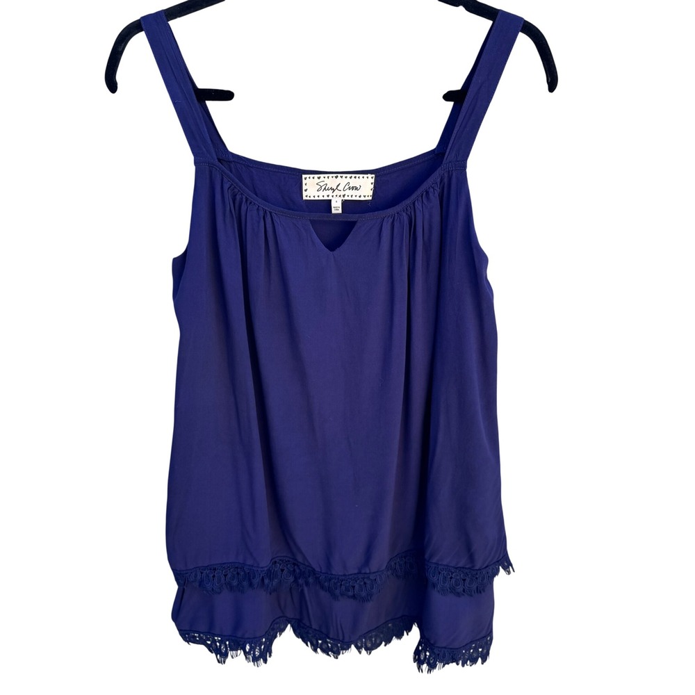 Sheryl Crow Navy Blue Crochet Lace Layered Hem Sleeveless‎ Tank Top Womens Small